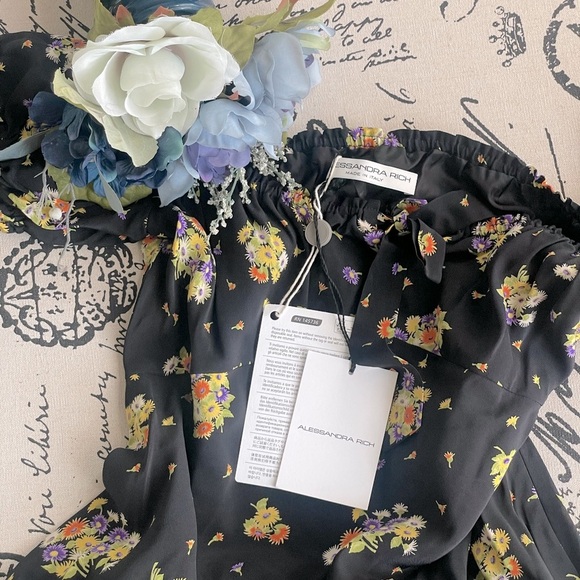 NWT Alessandra Rich Daisy Print Off-Shoulder Silk Midi Dress US 10 / IT 46 - Picture 13 of 14